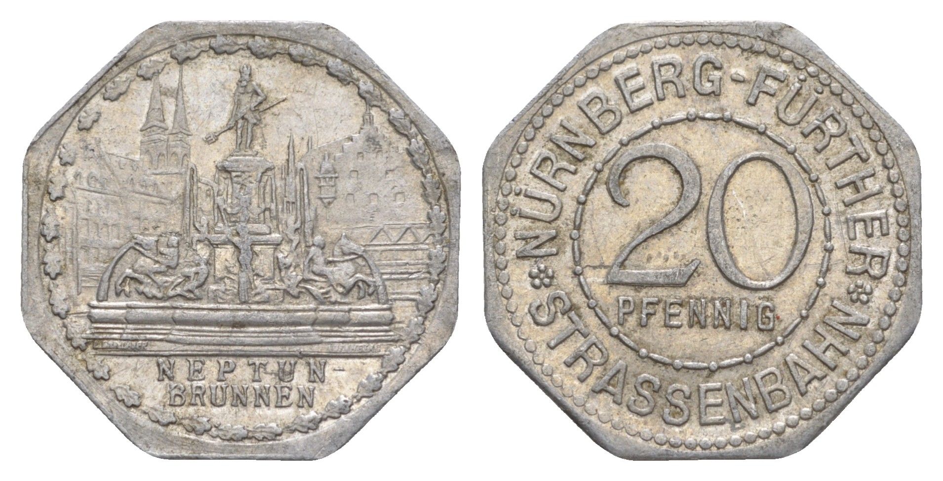 Нюрнберг трамвайный (транспортный) жетон в 20 пфеннигов ND (1920-1921) фонтан Нептун Men05 19256.24, Men18 24102.24 алюминий 4638-312