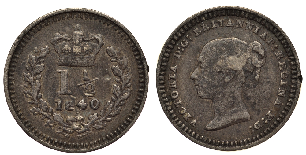 Великобритания 1 1/2 пенса 1840 Виктория (1837-1901) KM 728, Spink 3915 серебро 1520-1045