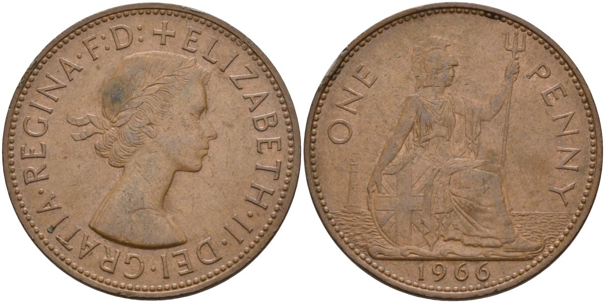 Великобритания 1 пенни 1966 Елизавета II (1952-2022) KM 897, Spink 4157 бронза 4149-824