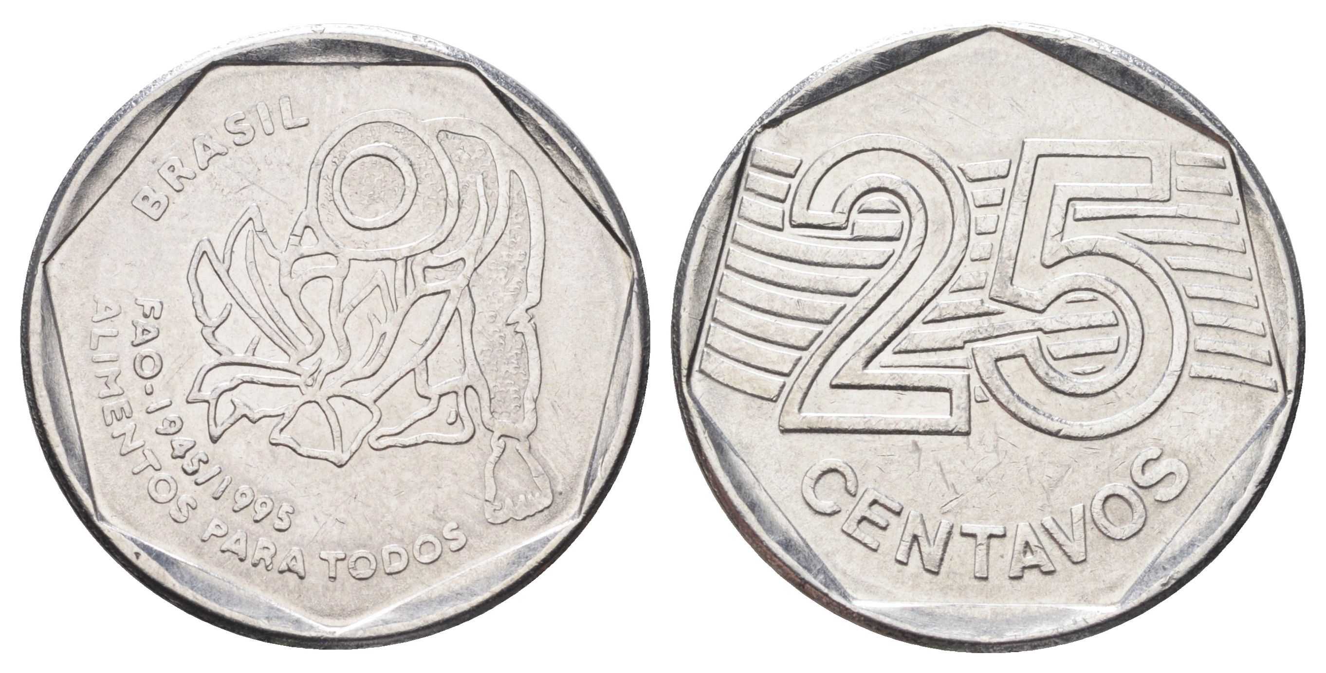 Бразилия 25 сентаво 1995 50 лет Всемирной продовольственной программе (ФАО) KM 642 нержавеющая сталь 4646-1025