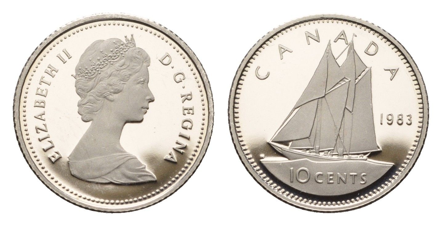 Канада 10 центов 1983 Елизавета II (1952-2022), парусник KM 77 никель PROOF 413-3711
