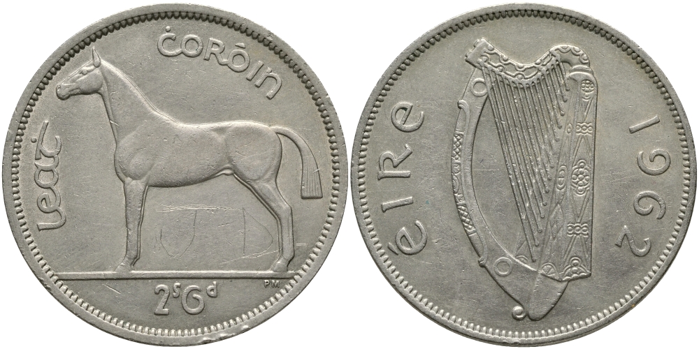 ИРЛАНДИЯ 1/2 КРОНЫ - 2 ШИЛЛИНГА 6 ПЕНСОВ 1962 ЛОШАДЬ KM 16а медно-никель 3457-246