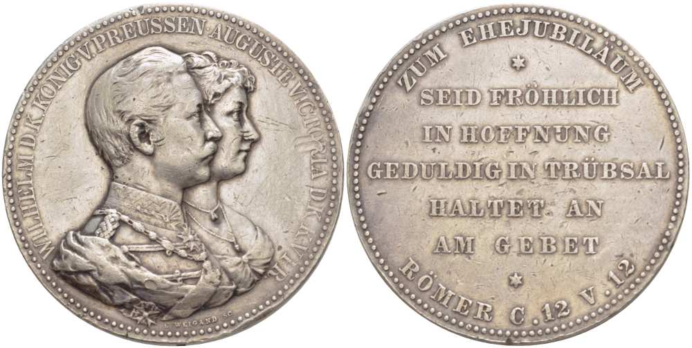 ПРУССИЯ МЕДАЛЬ 1912 ЗОЛОТАЯ СВАДЬБА ВИЛЬГЕЛЬМА II КОРОЛЯ ПРУССИИ И АВГУСТЫ ВИКТОРИИ (12 МАЯ 1912 ГОДА), МЕДАЛЬЕР WEIGAND, ДИАМЕТР 45 ММ., ВЕС 50,91 ГР. серебро 00-000-00