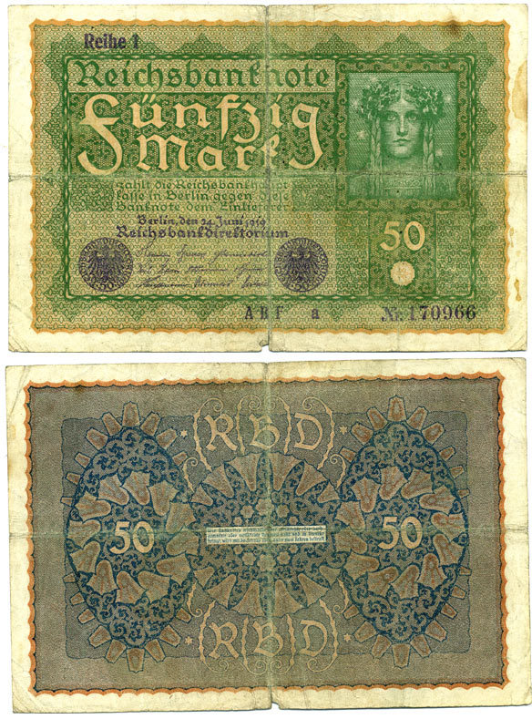 ГЕРМАНИЯ 50 МАРОК 1919 24 ИЮНЯ 1919, REIHE I, СЕРИЯ ABF, ВЫПУСК С НОЯБРЯ 1919 ГОДА Pick 66, Rosenberg 62аа бумага 3295-111-2-2