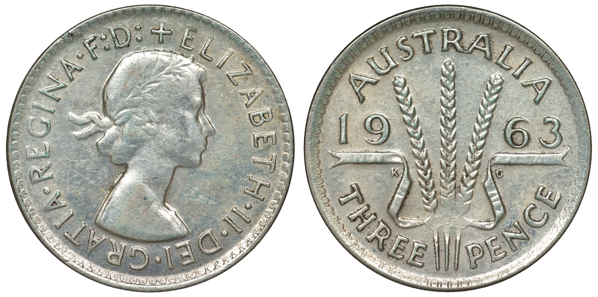 Австралия 3 пенса 1963 m, Елизавета II (1952-2022) KM 57 серебро 71-931