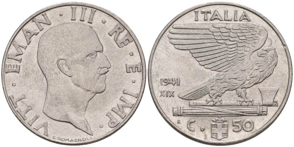 ИТАЛИЯ 50 ЧЕНТЕЗИМО 1941 R, ГОД XIX, ВИКТОР ЭММАНУИЛ III (1900-1946) KM 76b, VEM3. 1063 нержавеющая сталь 3853-344