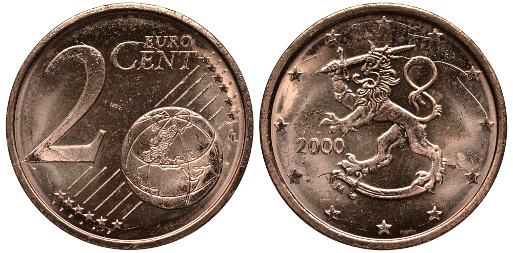 ФИНЛЯНДИЯ 2 ЕВРОЦЕНТА 2000 KM 99 сталь плакированная медью UNC 4181-448