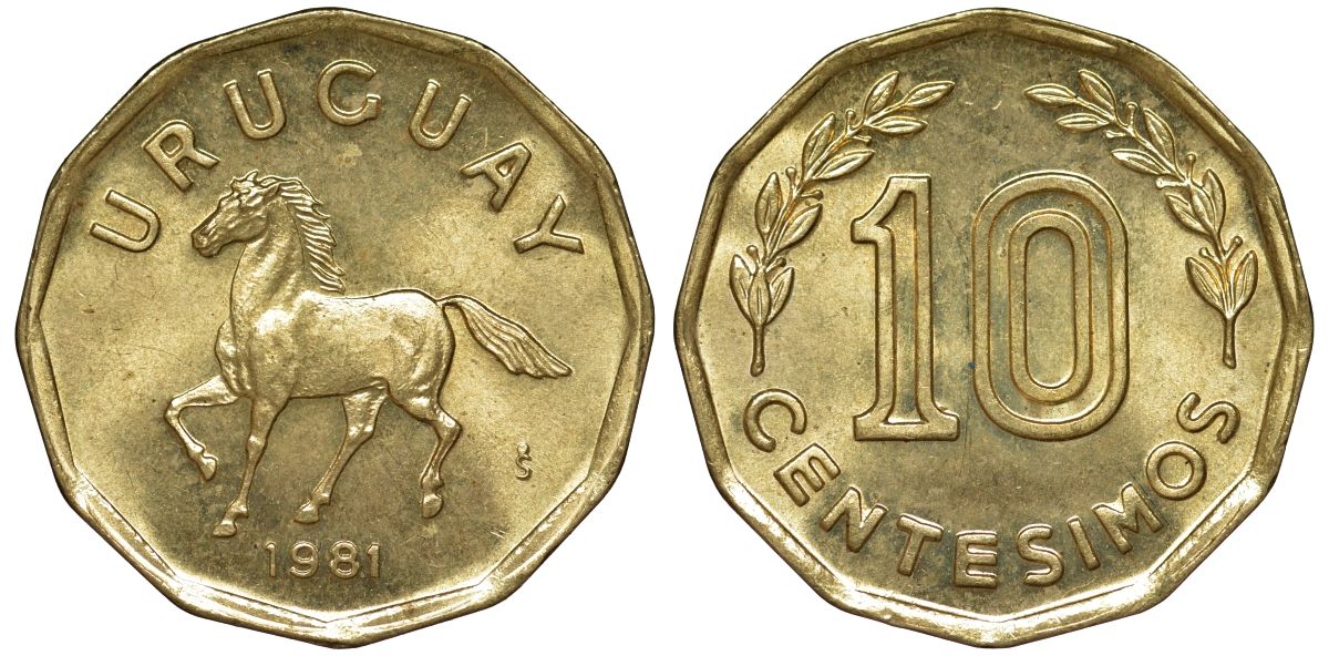 Уругвай 10 сентесимо 1981 KM 66 алюминиевая бронза 4169-511