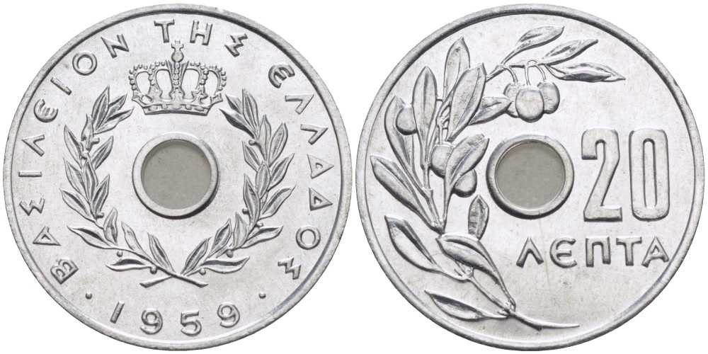 Греция 20 лепта 1959 Павел I (1947-1964), оливковая ветвь KM 79 алюминий UNC 28-757
