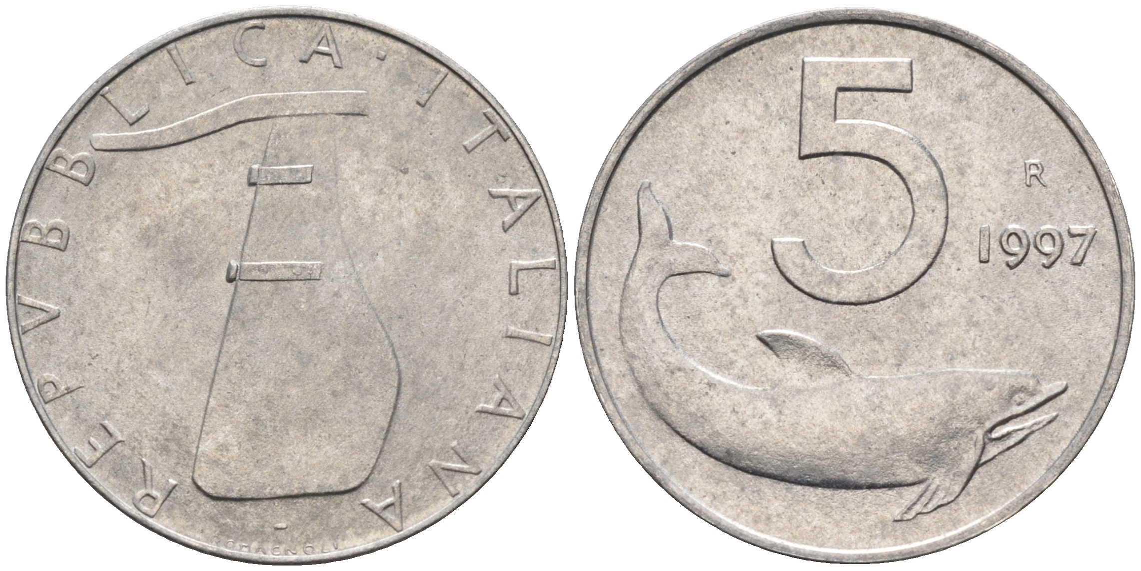 Италия 5 лир 1997 R, дельфин KM 92 алюминий  UNC  4594-666