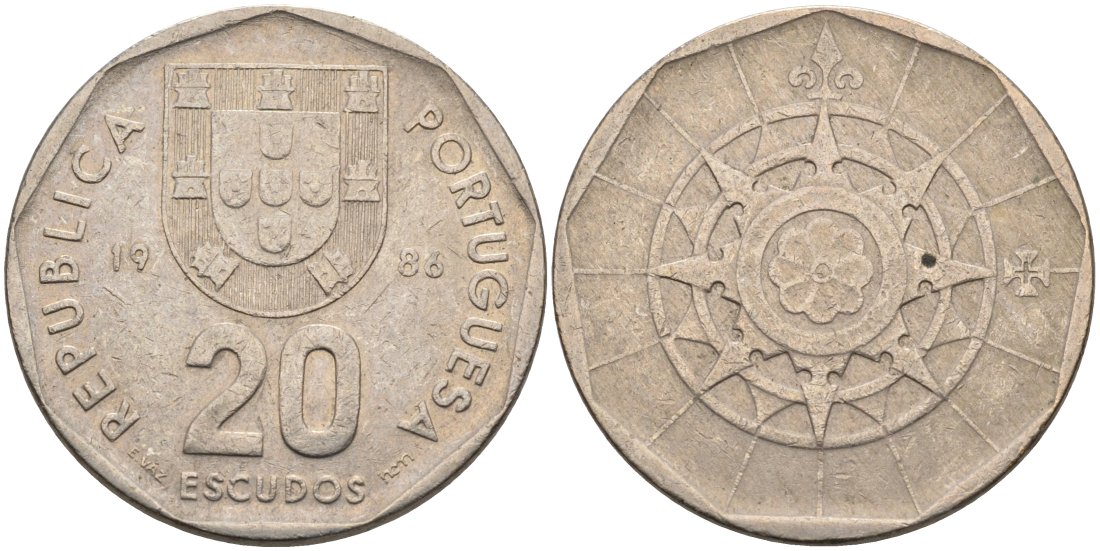 Португалия 20 эскудо 1986 KM 634.1 медно-никель 4571-1242