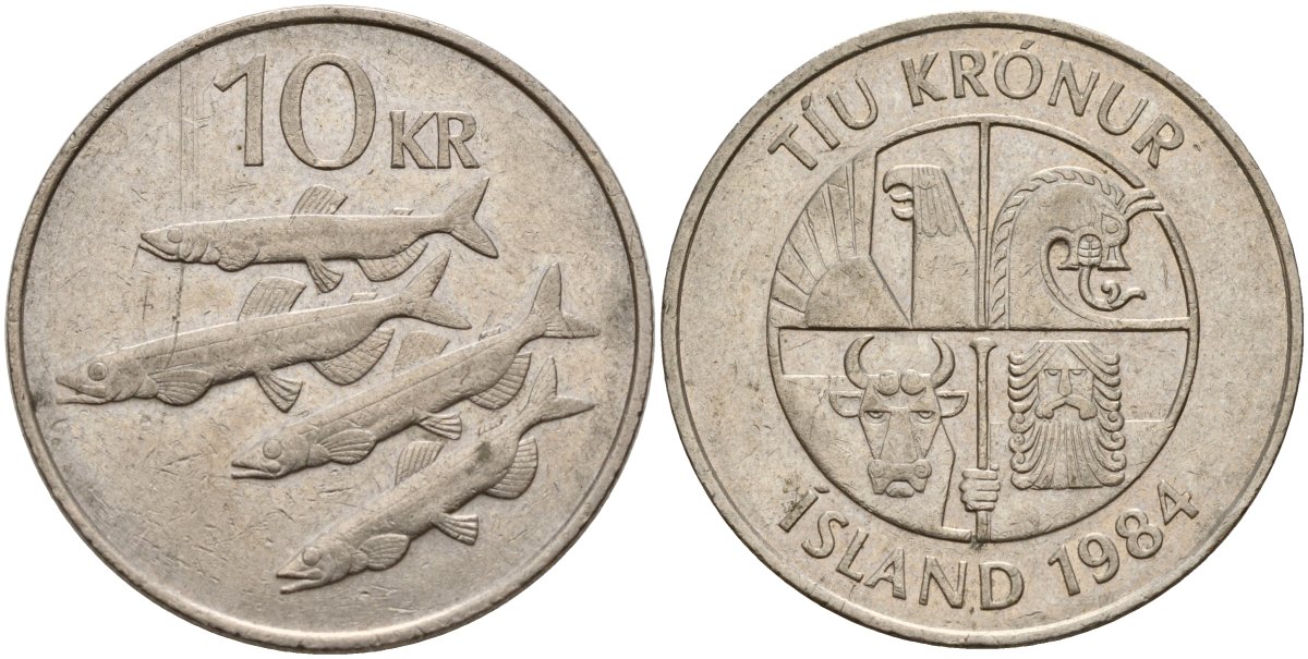 Исландия 10 крон 1984 рыбы KM 29.1 медно-никель 4140-144