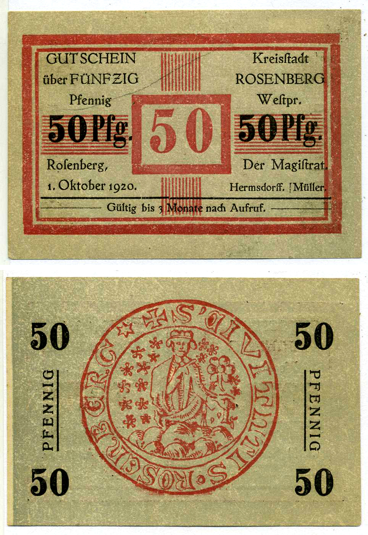 РОЗЕНБЕРГ 50 ПФЕННИГОВ 1920 1 ОКТЯБРЯ 1920, НОТГЕЛЬД, ЗЕМЛЯ ПФАЛЬЦ Grabowski R43.4b бумага 2193-15-1-1