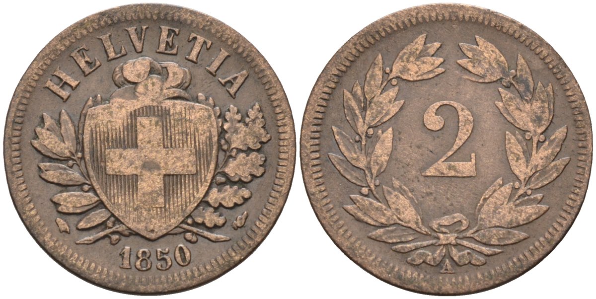 Швейцария 2 раппена 1850 А KM 4 бронза 4585-114