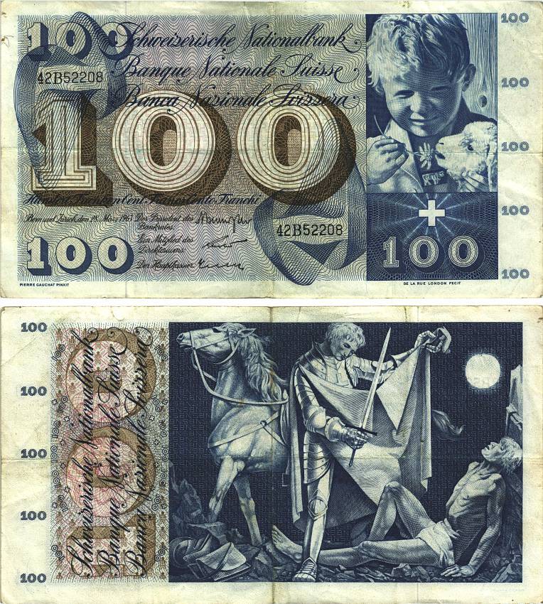 Швейцария 100 франков 1963 28 марта 1963, серия 42 B, подпись 40 Pick 49 e бумага 8606-19-2-2