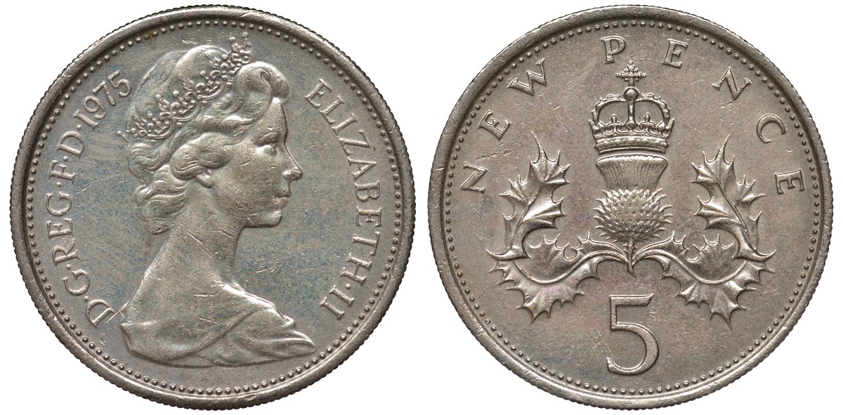 Великобритания 5 пенсов 1975 Елизавета II (1952-2022) KM 911, Spink 4233 (D1) медно-никель 4122-953