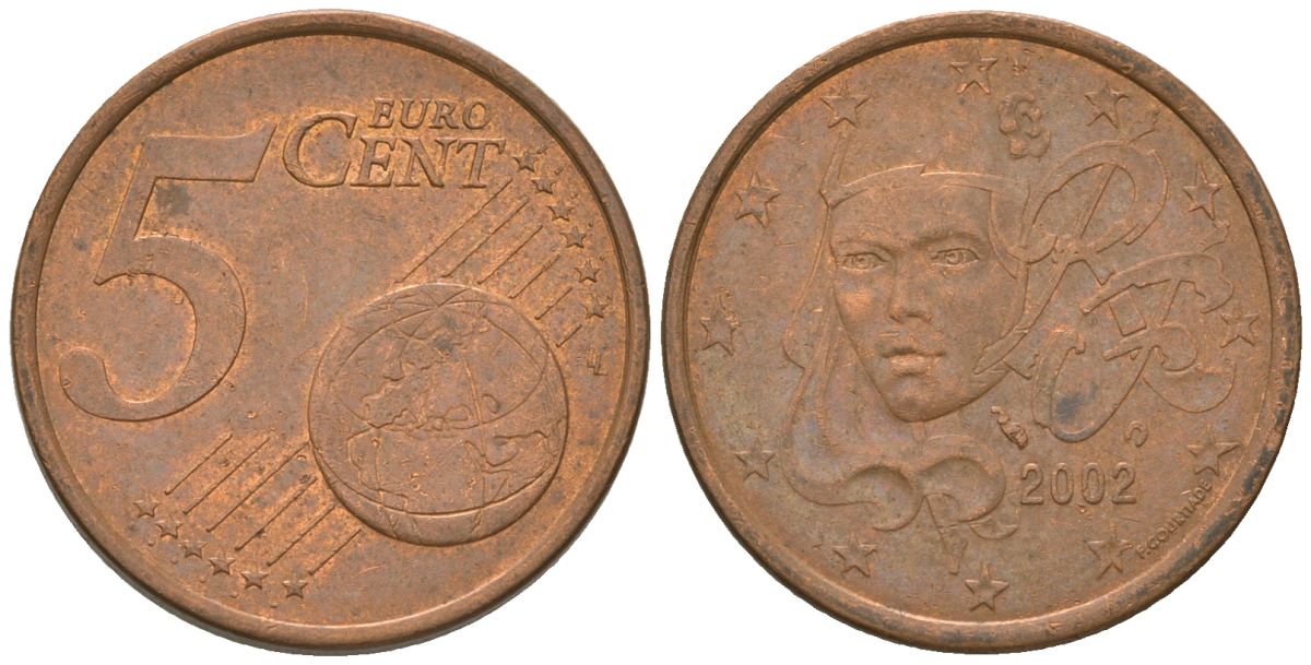 Франция 5 евроцентов 2002 KM 1284 сталь плакированная медью 4580-338