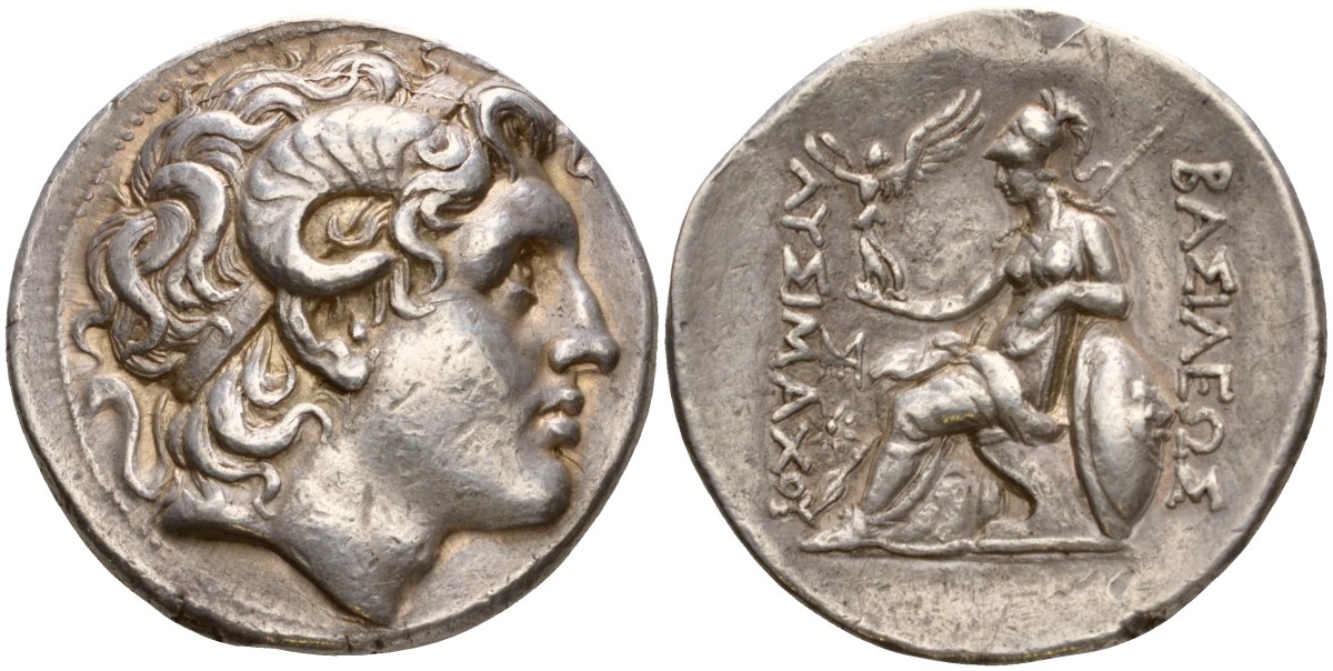 Фракийское Царство тетрадрахма 297 - 281 гг. до н.э. Лисимах, голова Александра Великого с рогами в виде бога Аммона/ЦАРЯ ЛИСИМАХА, Афина на троне, держит Нику, у трона копье и щит, слева звезда, чеканка - г. Лампсак, 17,04 гр, серебро 00-000-00