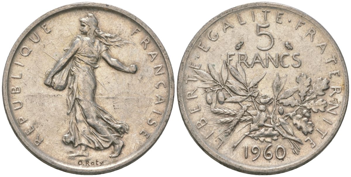 Франция 5 франков 1960 сеятель KM 926, Le Franc 340.4 серебро 4389-142