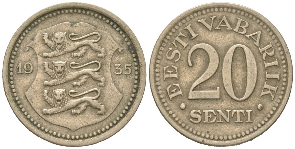 Эстония 20 центов 1935 Республика (1918-1941) KM 17 никель бронза 4615-1118