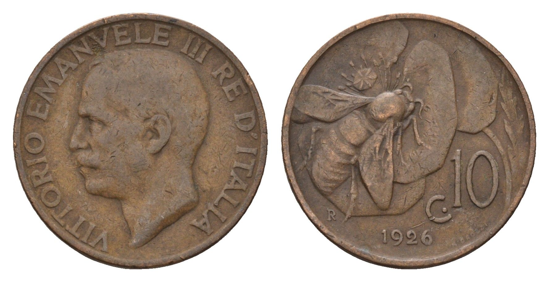 Италия 10 чентезимо 1926 Виктор Эммануил III (1900-1946) KM 60 бронза 4119-1215