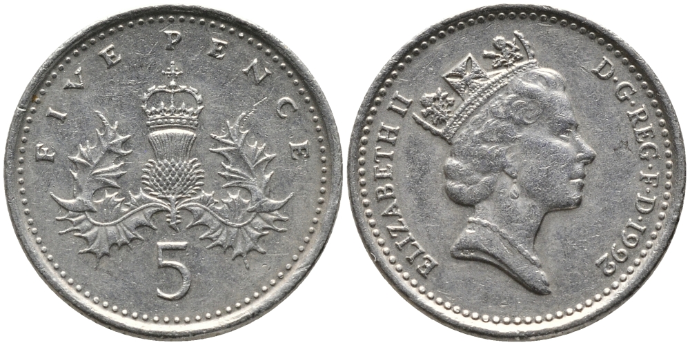 Великобритания 5 пенсов 1992 Елизавета II (1952-2022) KM 937b, Spink 4372 (D4) медно-никель 99-1066