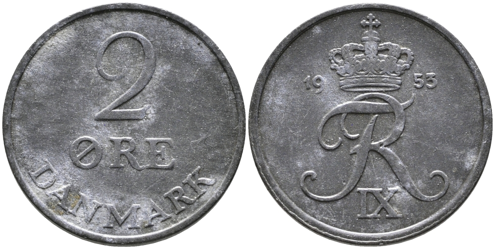 ДАНИЯ 2 ЭРЕ 1953 N; S, ФРЕДЕРИК IX (1947-1972) KM 840.1 цинк 28-1044