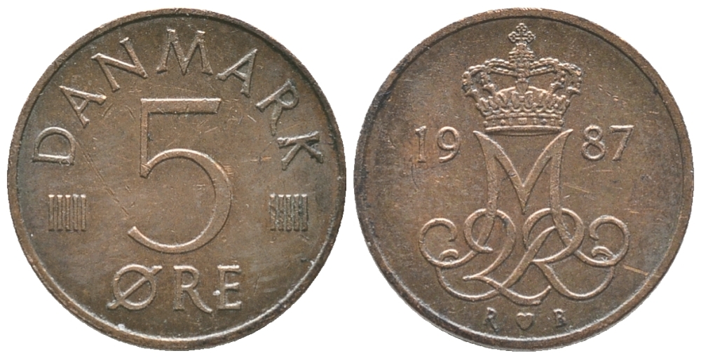 ДАНИЯ 5 ЭРЕ 1987 R; B, МАРГРЕТЕ II (1972-) KM 859.3 железо плакированное медью 100-1148