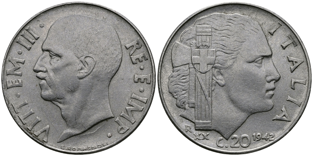 ИТАЛИЯ 20 ЧЕНТЕЗИМО 1942 R, ВИКТОР ИМАНУИЛ, XX ГОД KM 75b нержавеющая сталь 98-137