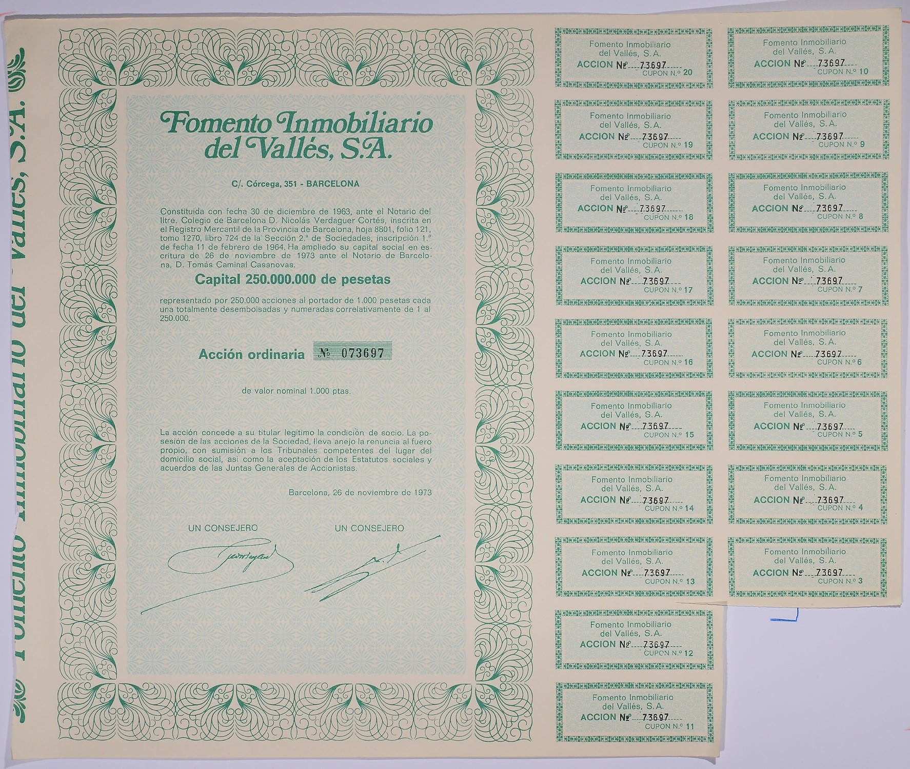 Испания акция на 1000 песет 1973 Fomento Inmobiliario del Valles, S.A., Барселона 1973, с купонами бумага 5548-33-1-2