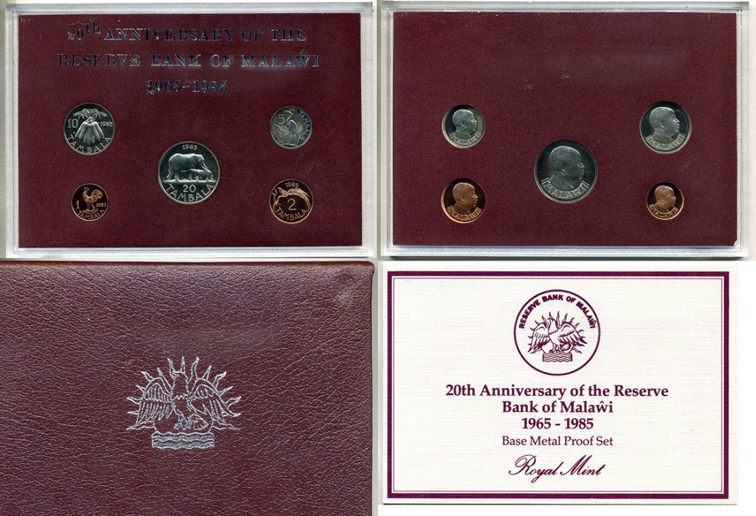 Малави набор из 5 монет 1985 20 лет Банку Малави, официальный набор в пластике, с сертификатом, в коробке KM PS 4 PROOF 14-01-02-01