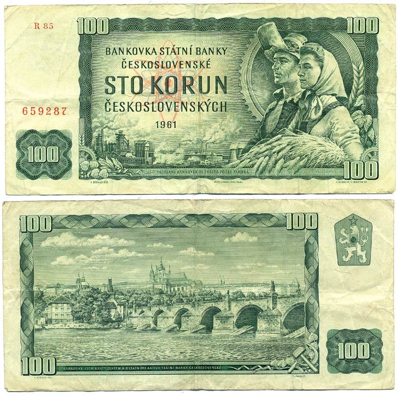 ЧЕХОСЛОВАКИЯ 100 КРОН 1961 СЕРИЯ R, РАБОЧИЙ И КОЛХОЗНИЦА, КАРЛОВ МОСТ В ПРАГЕ Pick 91b бумага 7203-27-3