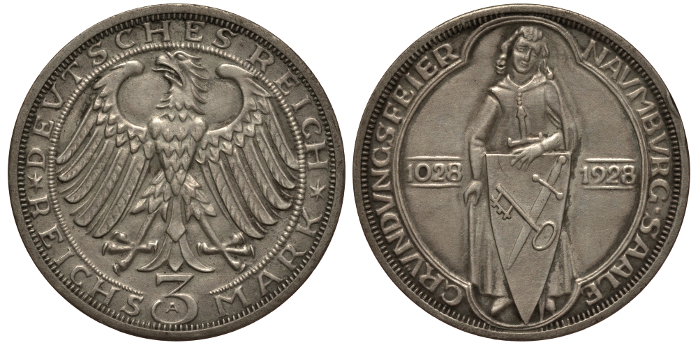 Германия 3 марки 1928 A, 900 летие основания Наумбурга J. 333, KM 57 серебро aUNC 00-000-00