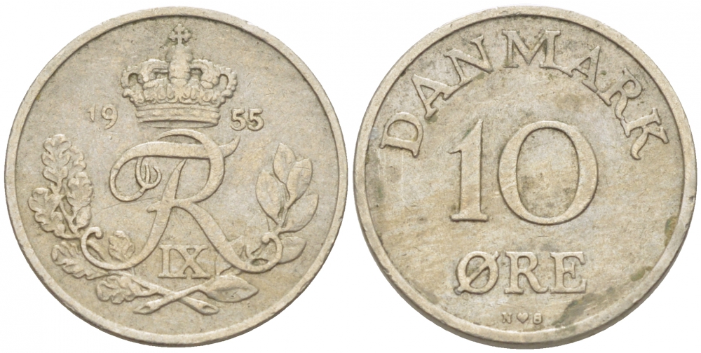 ДАНИЯ 10 ЭРЕ 1955 N; S, ФРЕДЕРИК IX (1947-1972) KM 841.1 медно-никель 3309-143