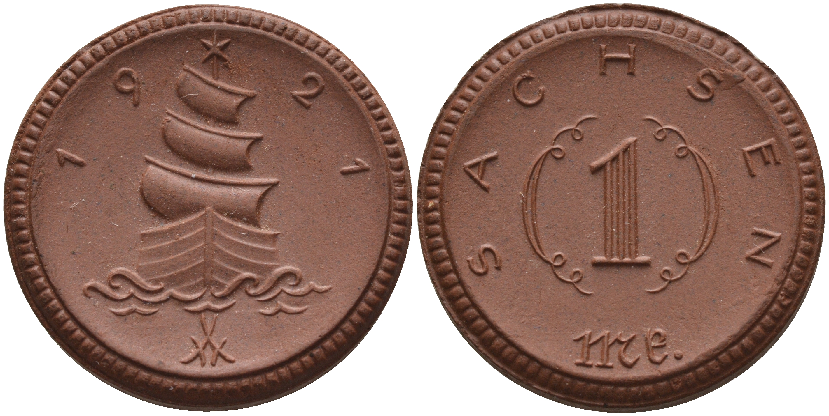 Саксония 1 марка 1921 парусник J. N 55 фарфор 1094-4-22