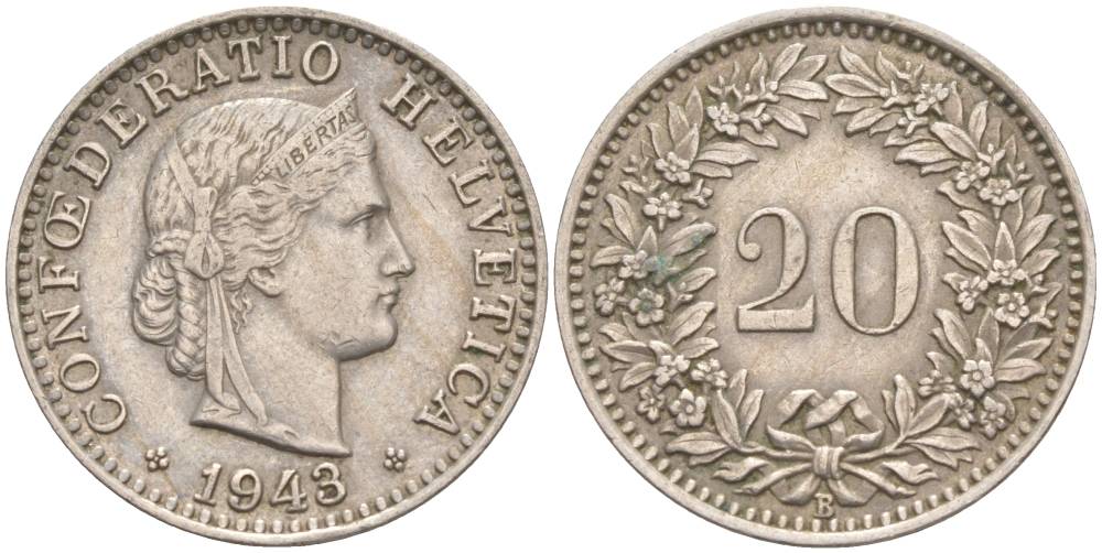 ШВЕЙЦАРИЯ 20 РАППЕНОВ 1943 В KM 29a медно-никель 55-654