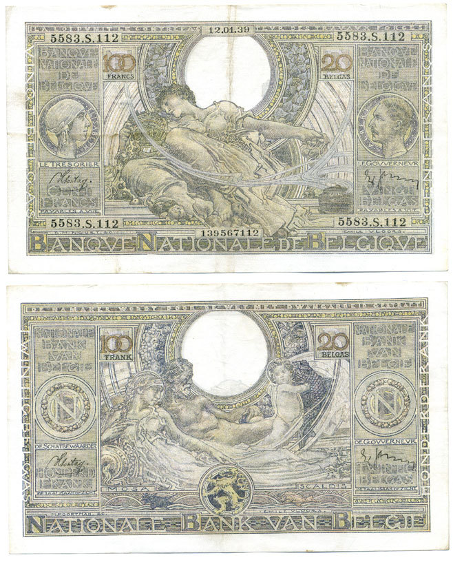 БЕЛЬГИЯ 100 ФРАНКОВ = 20 БЕЛГА 1939 12 ЯНВАРЯ 1939 Pick 107 бумага 7486-67-1-1