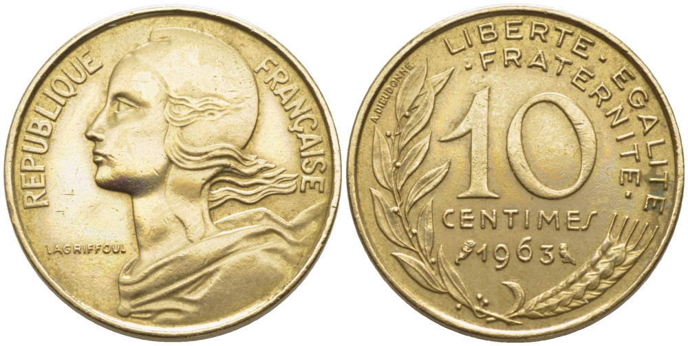 ФРАНЦИЯ 10 САНТИМОВ 1963 ТИП MARIANE KM 929, LE FRANC 144.3 алюминиевая бронза 105-1223