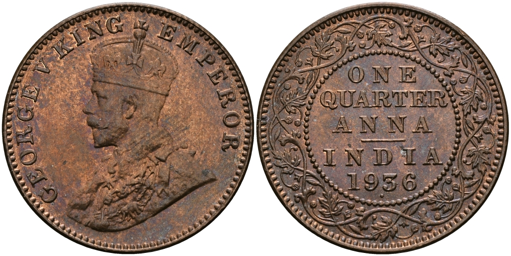 Британская Индия 1/4 анна 1936 Георг V (1910-1936) KM 512 бронза UNC 94-253
