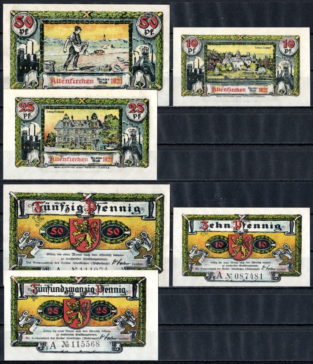 Альтенкирхен-им-Вестервальд (Пруссия, Рейн) полный набор из 3 нотгельдов (10, 25 и 50 пфеннигов) 1921
 Mehl Grabowski 24.1b бумага UNC (пресс) 7556-1-1-2