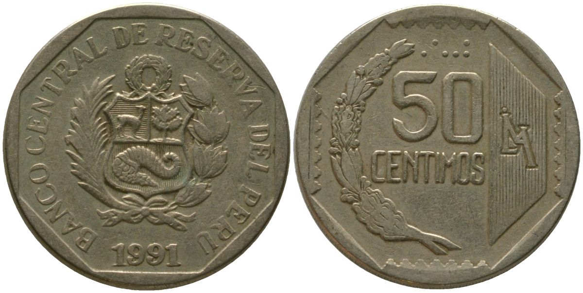 Перу 50 сентимо 1991 LIMA KM 307.1, Schon 106 медь цинк никель 4541-511