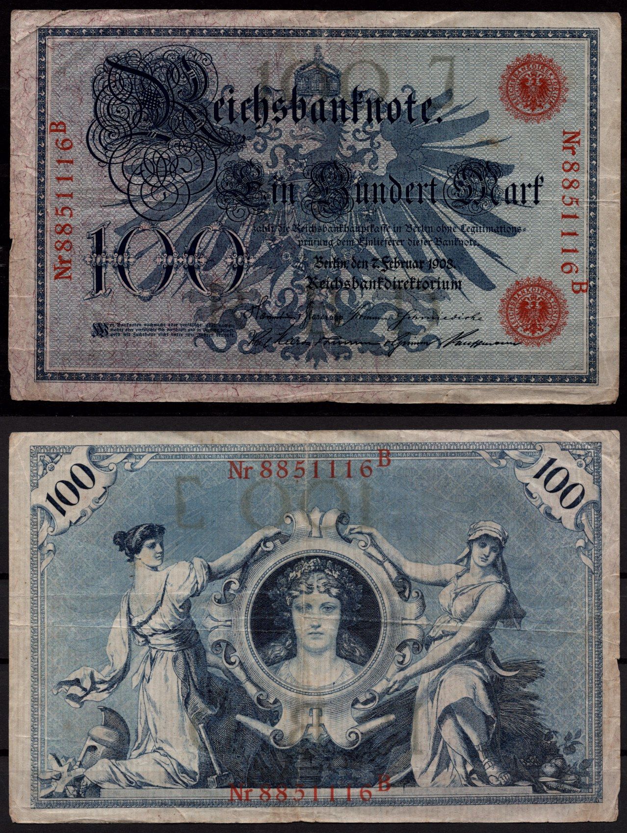 Германия 100 марок 1908 Орел.Аллегорические женщины, женский портрет Pick 33 бумага 7547-67-3-1