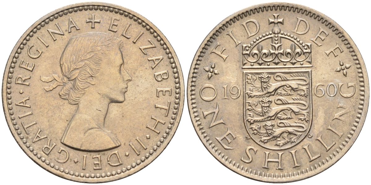 Великобритания 1 шиллинг 1960 Елизавета II (1952-2022), Английский герб KM 904, Spink 4147 медно-никель 4153-917