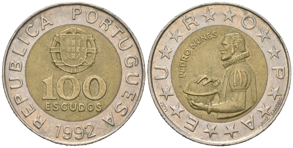 Португалия 100 эскудо 1992 Педру Нуниш (1502-1578), математик KM 645.1 биметалл 4529-822