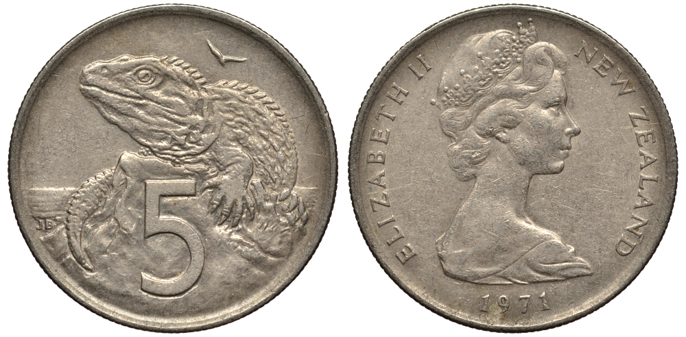 Новая Зеландия 5 центов 1971 Елизавета II (1952-2022), ящерица гаттерия KM 34.1 медно-никель 4181-421