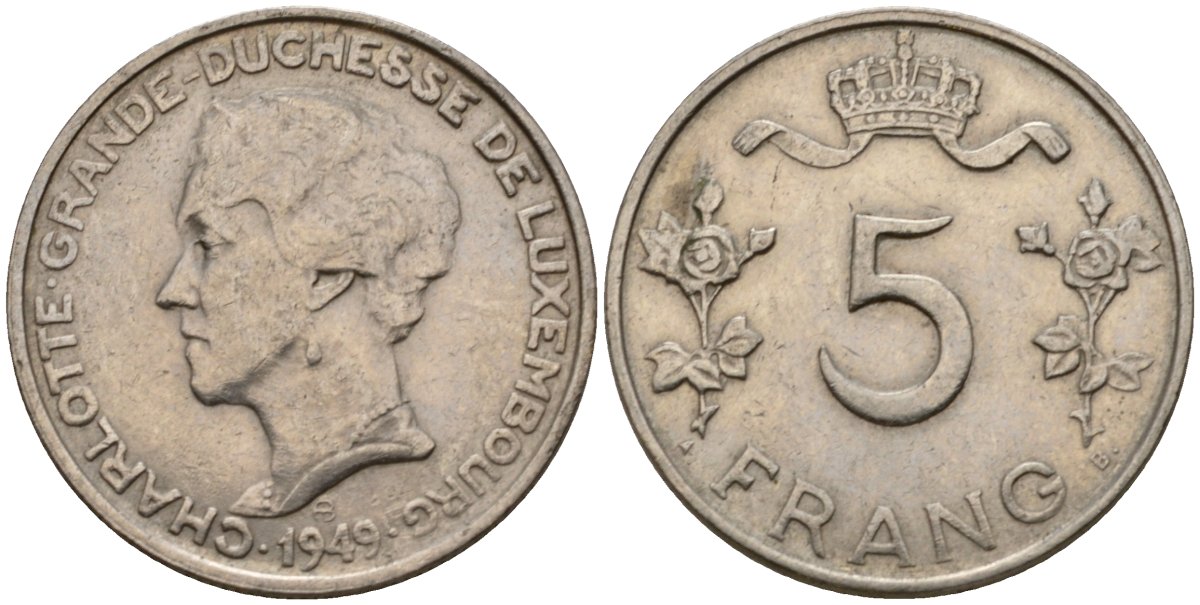 Люксембург 5 франков 1949 Великая герцогиня Шарлотта (1919-1964) KM 50 медно-никель 4603-1127