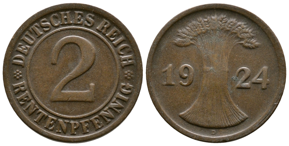 ГЕРМАНИЯ 2 РЕНТЕНПФЕННИГА 1924 D KM 31, J.307 бронза 86-1444