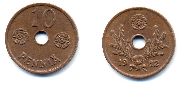 ФИНЛЯНДИЯ 10 ПЕННИ 1942 KM 33.1 медь 51-4961