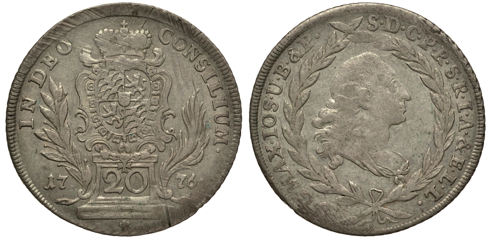 Бавария 20 крейцеров 1776 Максимилиан III Иосиф (1745-1777) KM 240, Hahn 299, Cr.26, Witt.2187 серебро 00-00-00