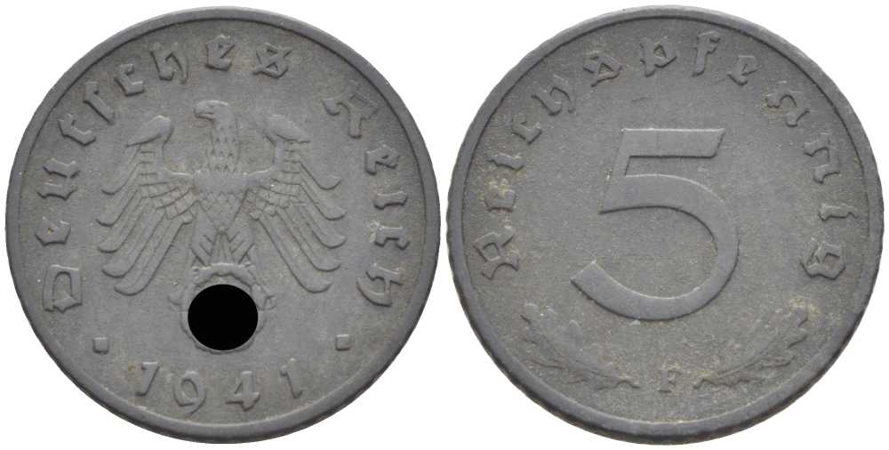 ГЕРМАНИЯ 5 РЕЙХСПФЕННИГОВ 1941 F KM 100, J. 370 цинк 105-229